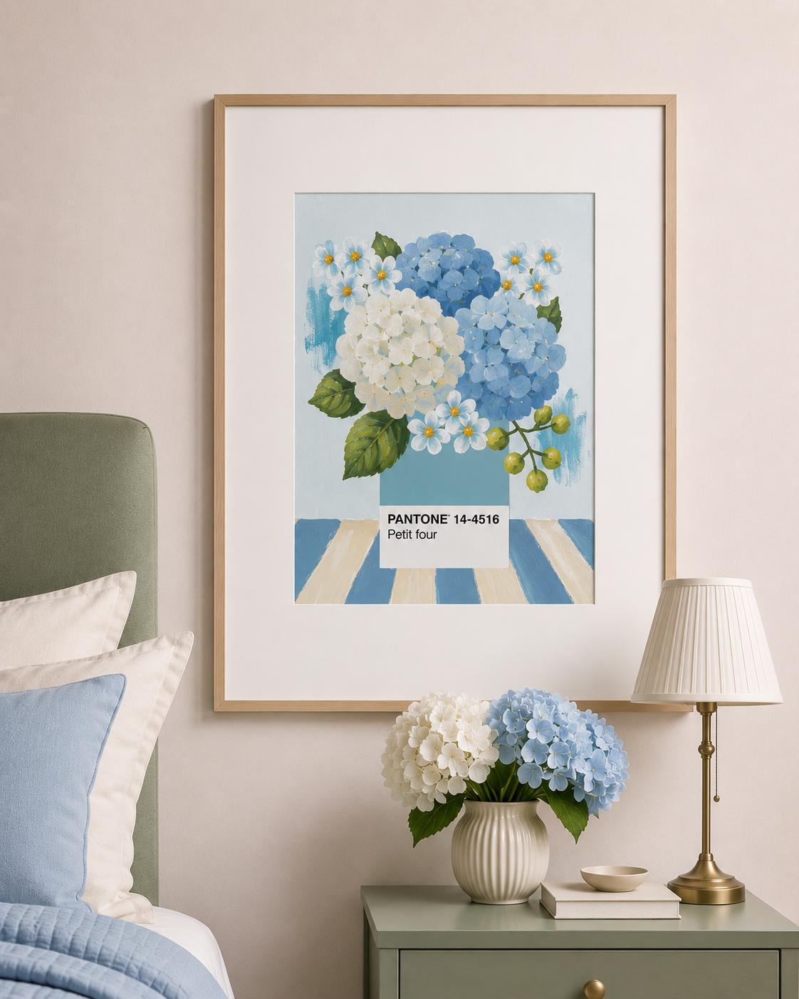 Pantone Petit Four Print | Blue Hydrangea Floral Wall Art | Botanical Fine Art Print | Blush Flower Decor | Contemporary Gallery Wall
