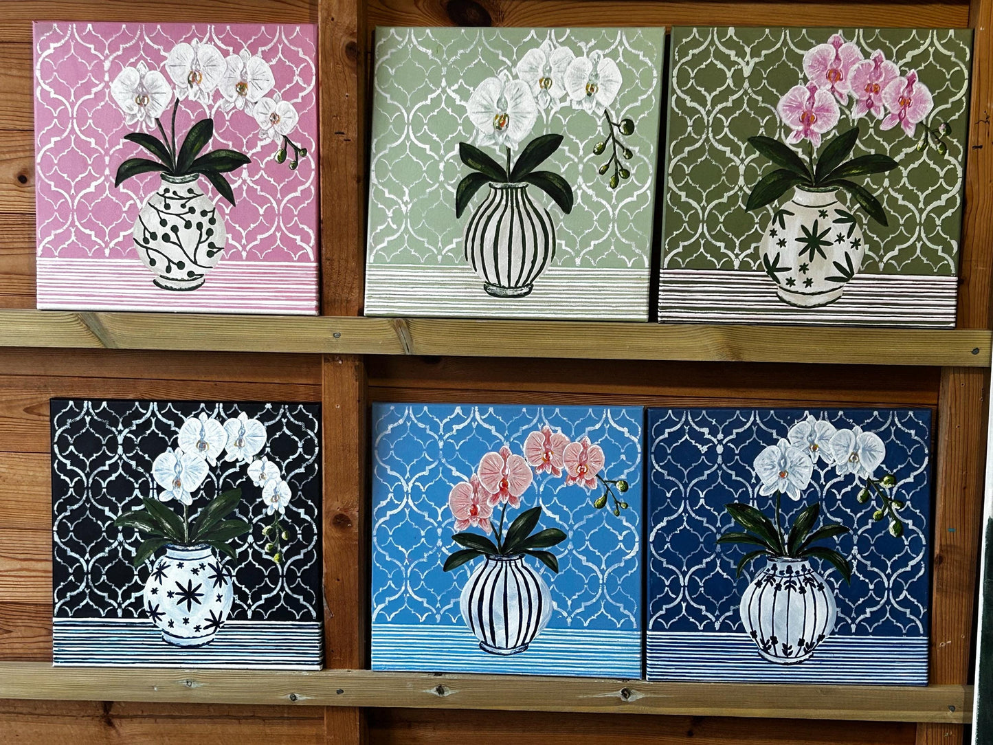 Delft Orchid Fine Art Print | Hamptons Chinoiserie Botanical Wall Decor (12x12)