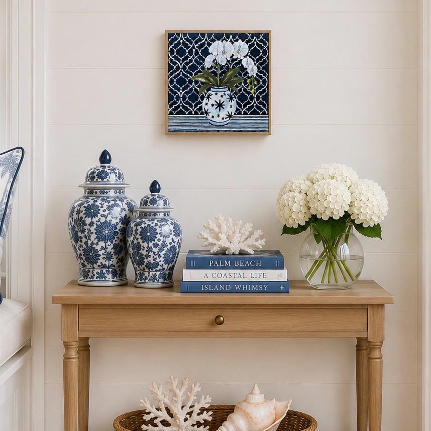 Midnight Orchid Print | Hamptons Chinoiserie Botanical Wall Art (12x12)