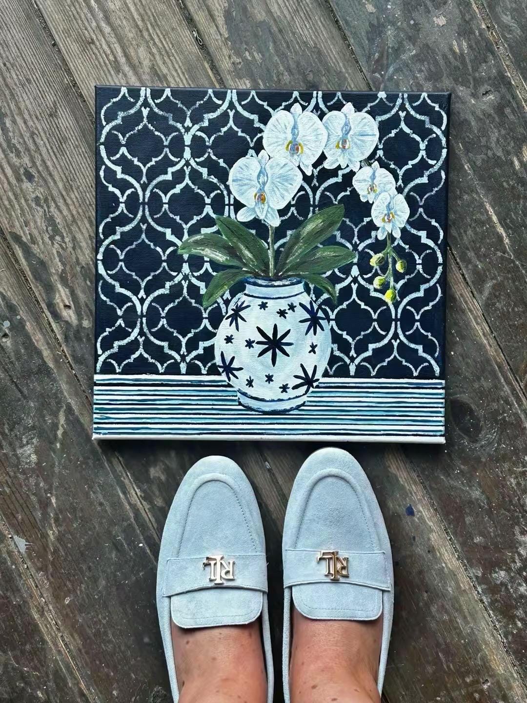Midnight Orchid Print | Hamptons Chinoiserie Botanical Wall Art (12x12)