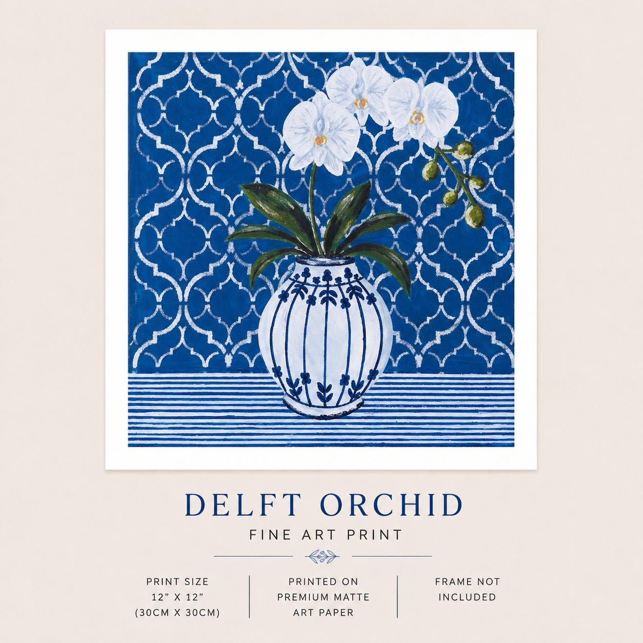 Delft Orchid Fine Art Print | Hamptons Chinoiserie Botanical Wall Decor (12x12)