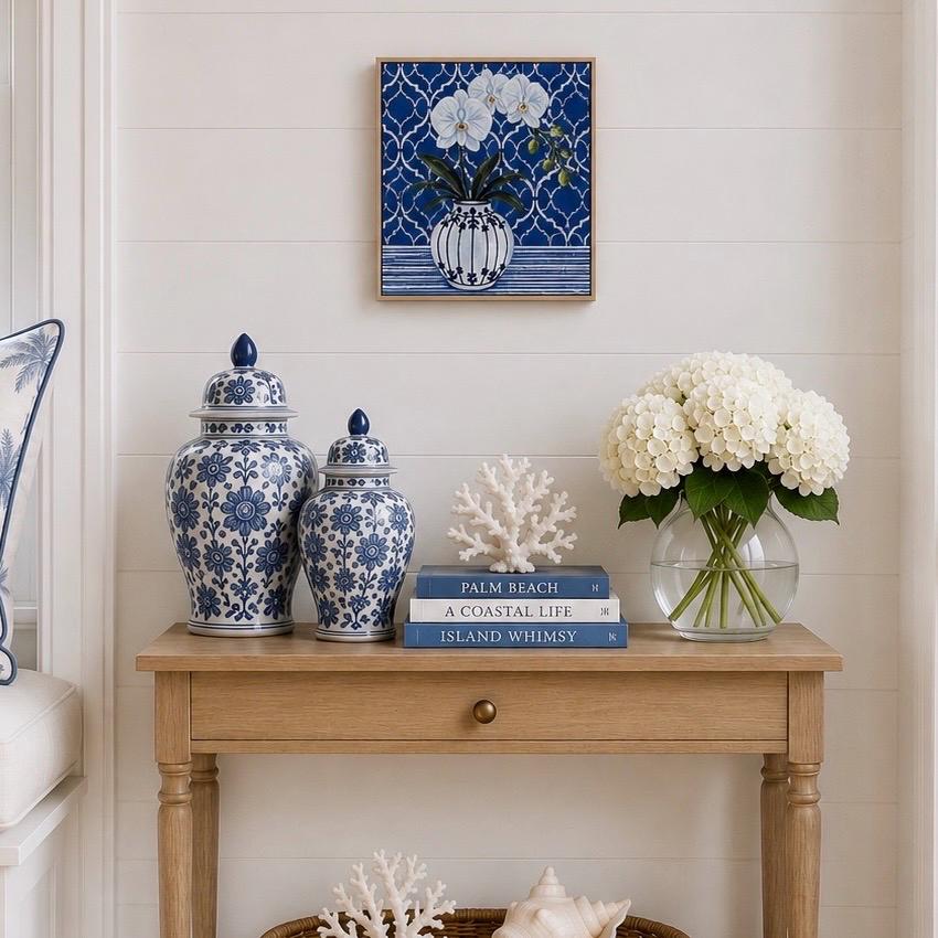 Delft Orchid Fine Art Print | Hamptons Chinoiserie Botanical Wall Decor (12x12)