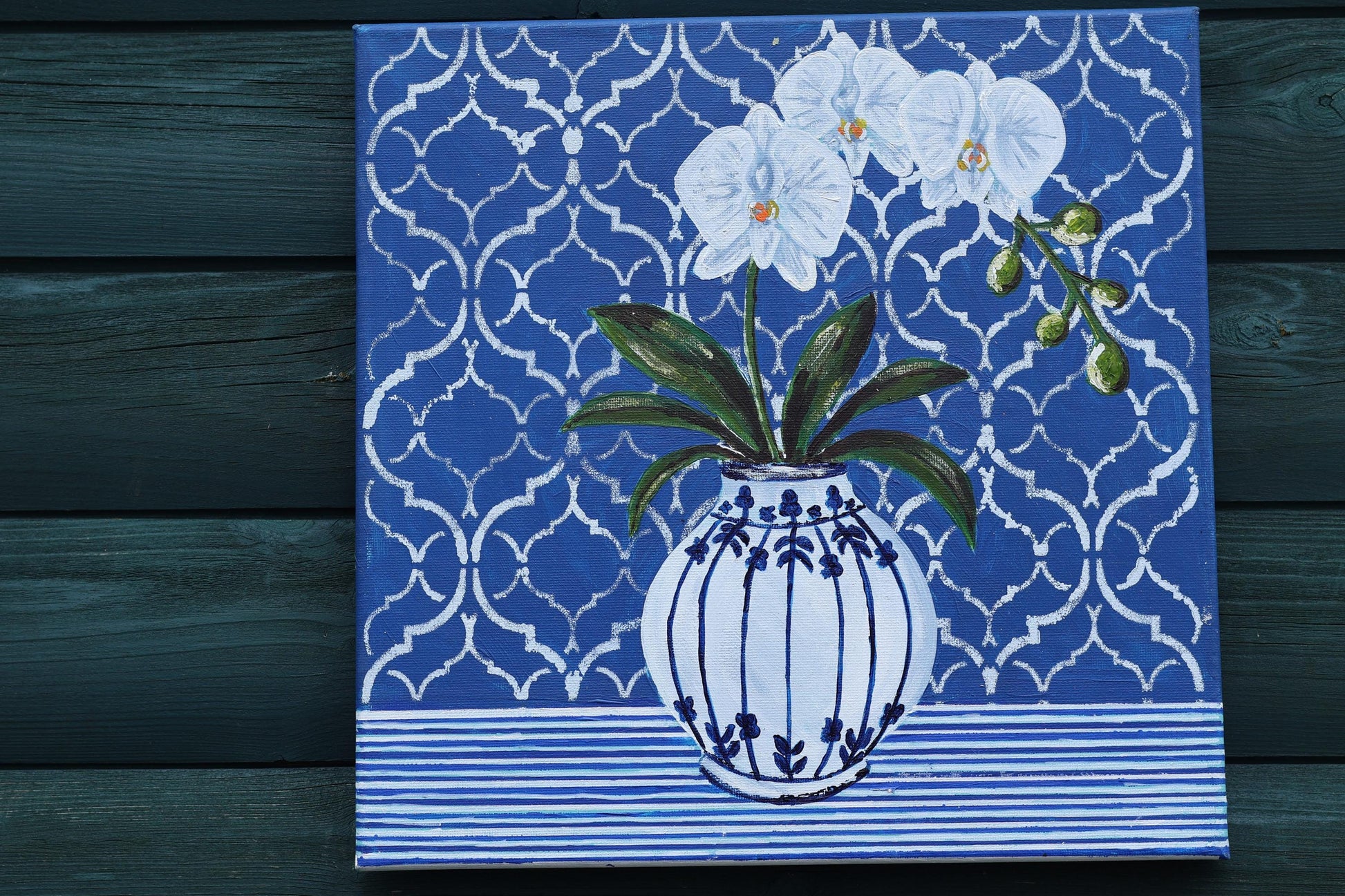 Delft Orchid Fine Art Print | Hamptons Chinoiserie Botanical Wall Decor (12x12)