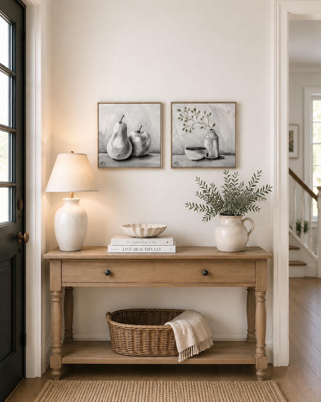 Quiet Harvest Fine Art Print | Neutral Pear & Apple Still Life | Contemporary Kitchen Wall Art | Minimalist Home Decor (12x12)