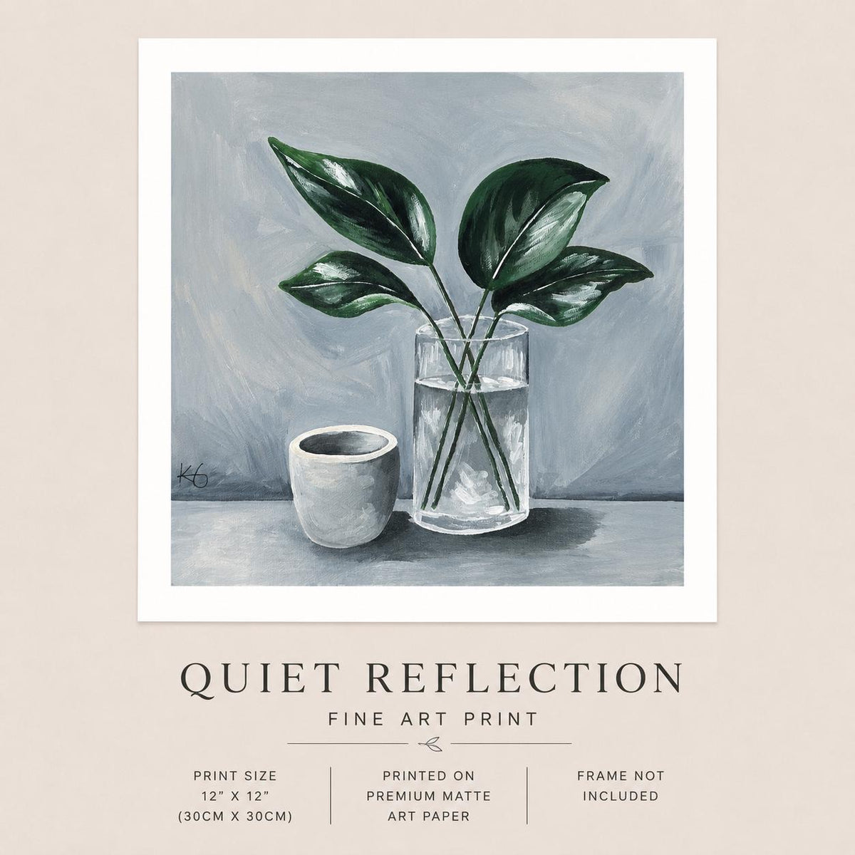 Quiet Reflection Fine Art Print | Botanical Glass Vase Still Life | Neutral Green Wall Art | Contemporary Home Decor (12x12)