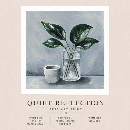 Quiet Reflection Fine Art Print | Botanical Glass Vase Still Life | Neutral Green Wall Art | Contemporary Home Decor (12x12)
