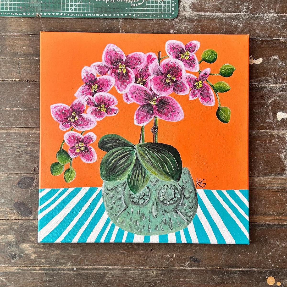 Wise in Bloom Fine Art Print | Colourful Orchid Wall Art | Owl Planter Painting | Contemporary Botanical Print | 50x50 Print