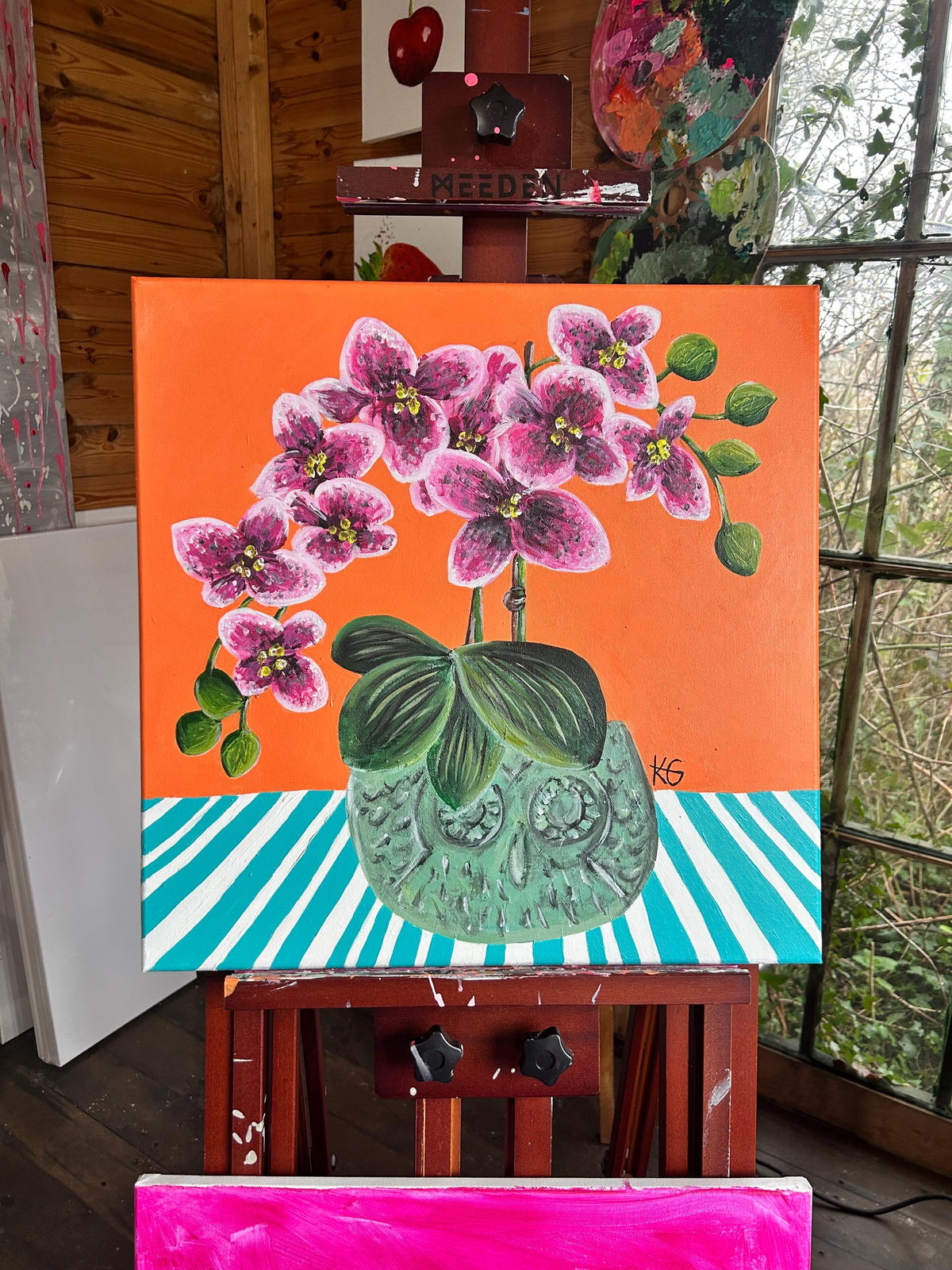 Wise in Bloom Fine Art Print | Colourful Orchid Wall Art | Owl Planter Painting | Contemporary Botanical Print | 50x50 Print
