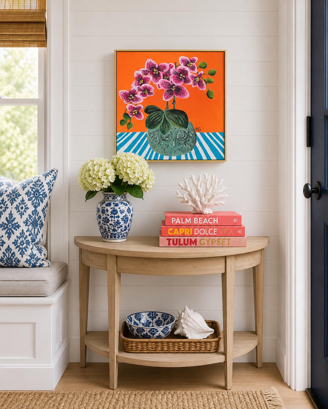 Wise in Bloom Fine Art Print | Colourful Orchid Wall Art | Owl Planter Painting | Contemporary Botanical Print | 50x50 Print