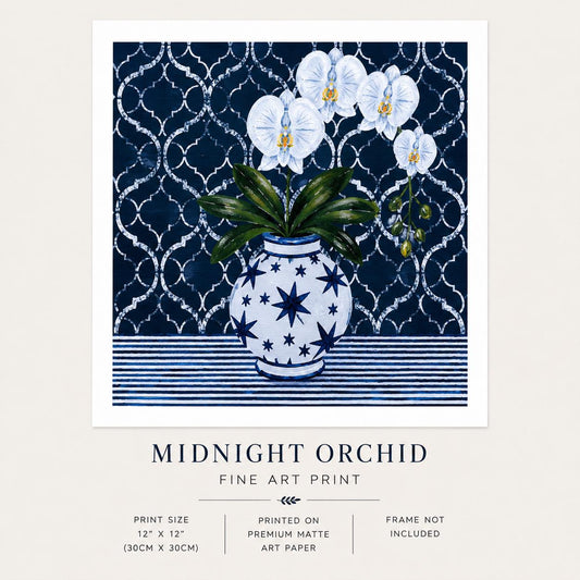 Midnight Orchid Print | Hamptons Chinoiserie Botanical Wall Art (12x12)