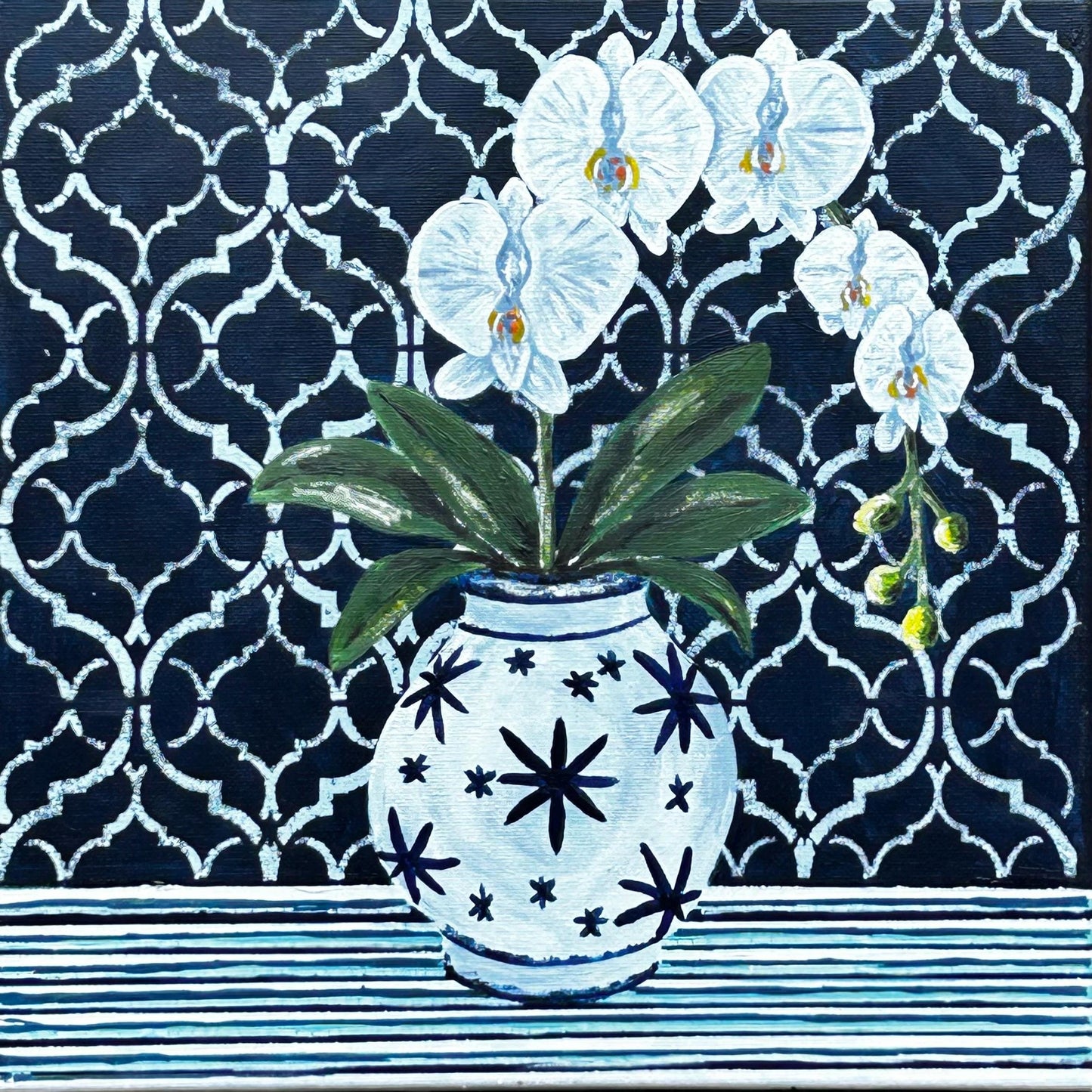 Midnight Orchid Print | Hamptons Chinoiserie Botanical Wall Art (12x12)