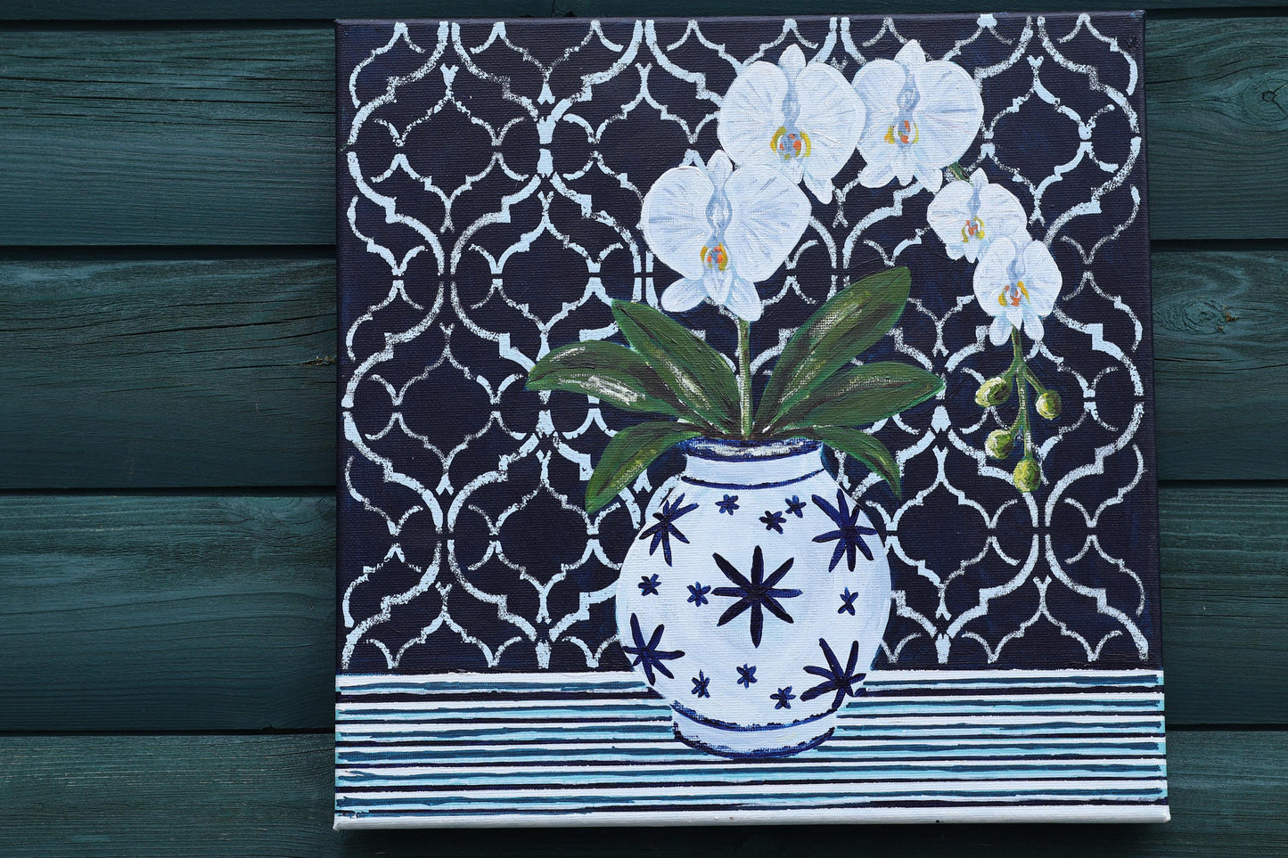 Midnight Orchid Print | Hamptons Chinoiserie Botanical Wall Art (12x12)