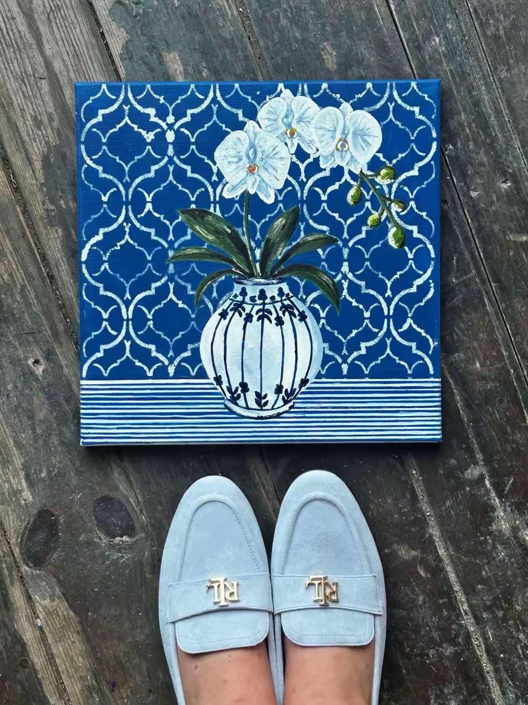 Delft Orchid Fine Art Print | Hamptons Chinoiserie Botanical Wall Decor (12x12)