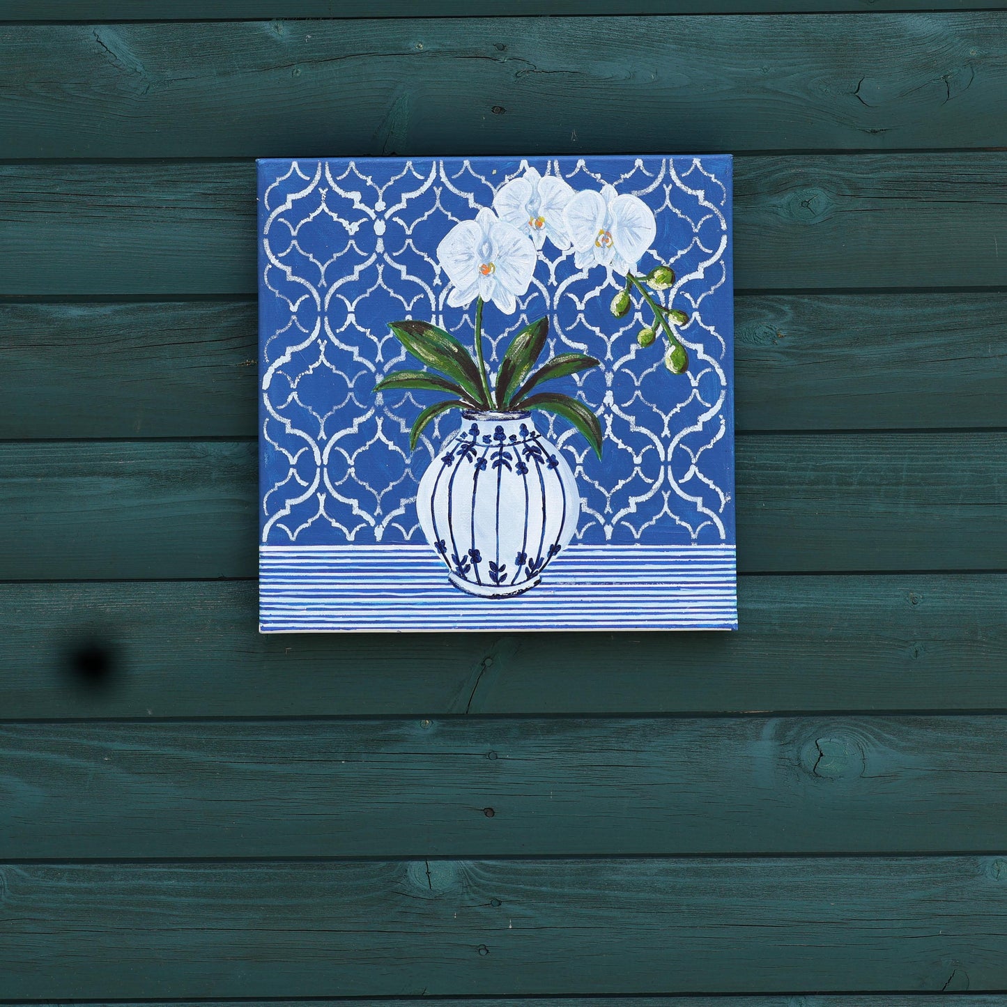 Delft Orchid Fine Art Print | Hamptons Chinoiserie Botanical Wall Decor (12x12)