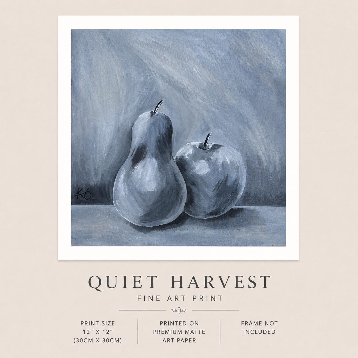 Quiet Harvest Fine Art Print | Neutral Pear & Apple Still Life | Contemporary Kitchen Wall Art | Minimalist Home Decor (12x12)