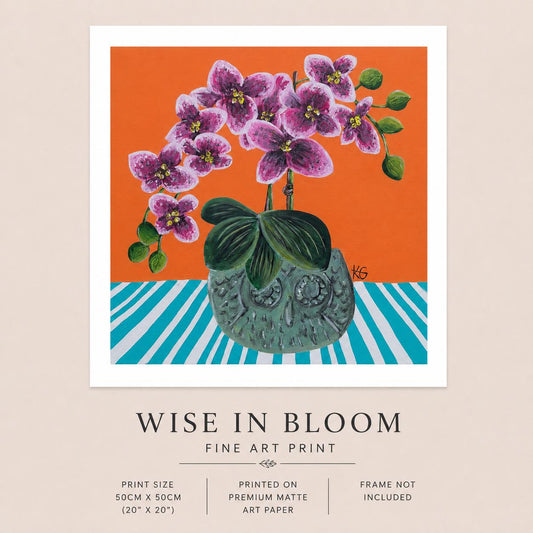 Wise in Bloom Fine Art Print | Colourful Orchid Wall Art | Owl Planter Painting | Contemporary Botanical Print | 50x50 Print