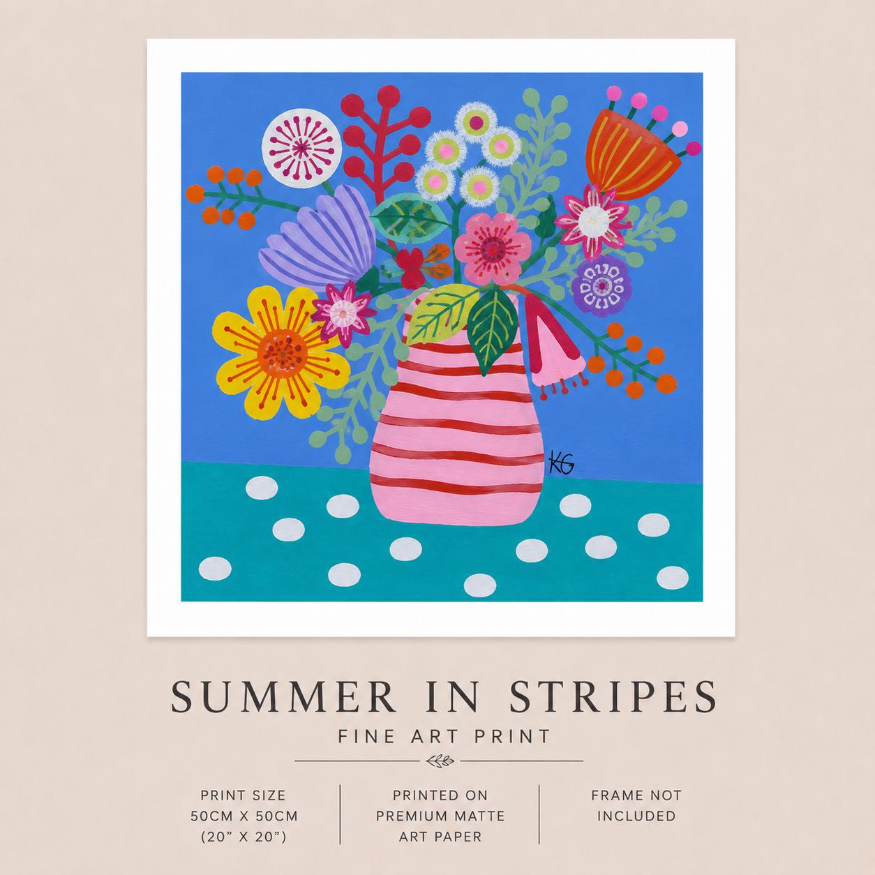 Summer in Stripes Fine Art Print | Colourful Floral Still Life | Pink Striped Vase Wall Art | Contemporary Botanical Print | 50x50 Print