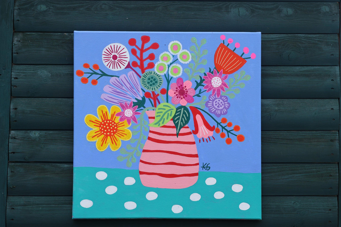 Summer in Stripes Fine Art Print | Colourful Floral Still Life | Pink Striped Vase Wall Art | Contemporary Botanical Print | 50x50 Print